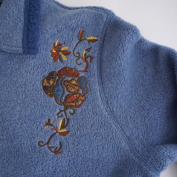 Vintage Teddi Blue Embroidered Floral Zip-Up Fleece Jacket Cozy Cabincore M - Picture 9 of 10